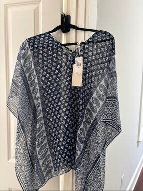 Vince Camuto Navy and White Printed Swim Coverup Kaftan